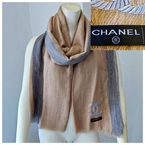 Chanel Tan Gray Tan Scarf 82x38 Cashmere Silk Wool Neck Shawl Warmer Lightweight